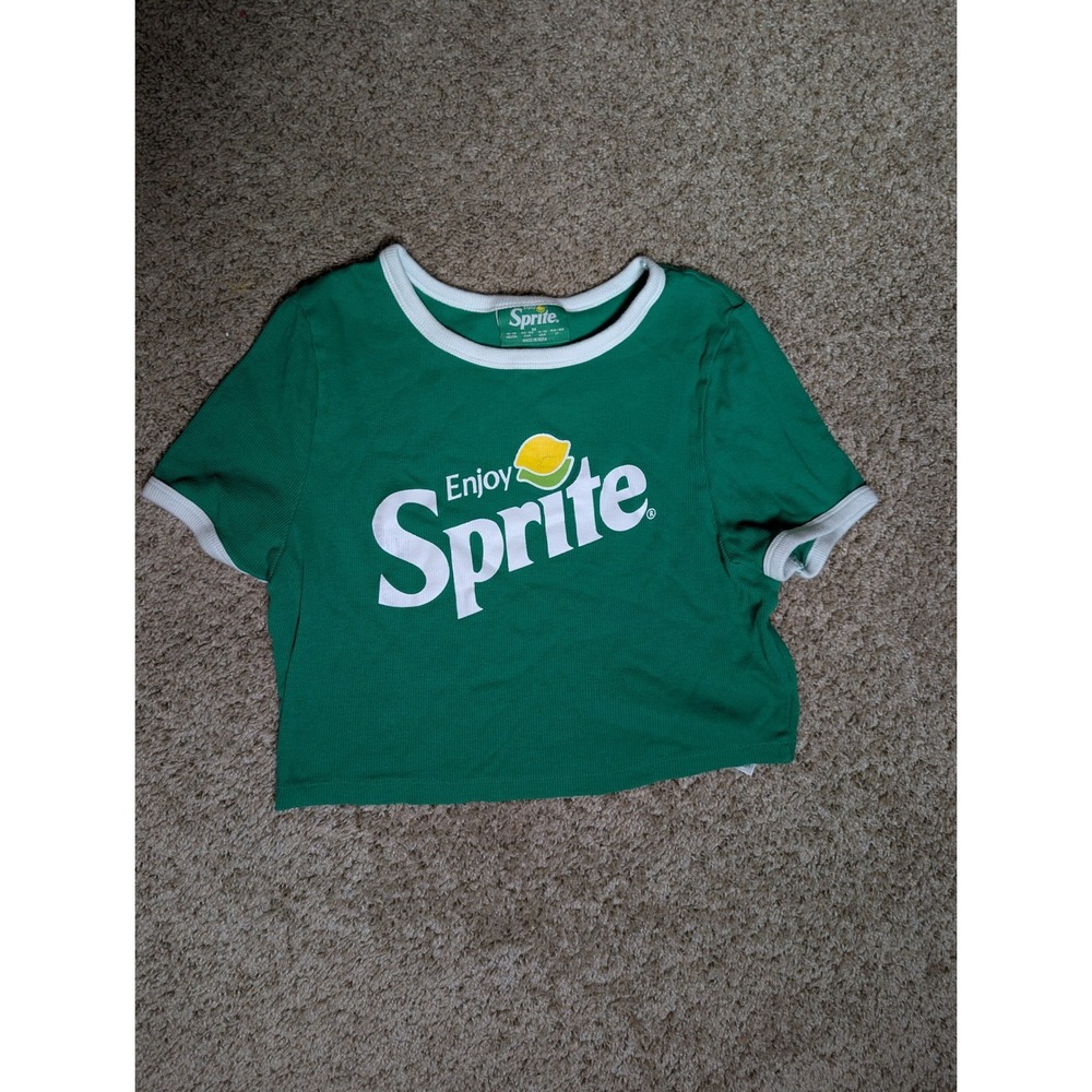 Sprite Green Ringer Crop Top Women's Medium Ribbed Graphic Tee Retro Y2K